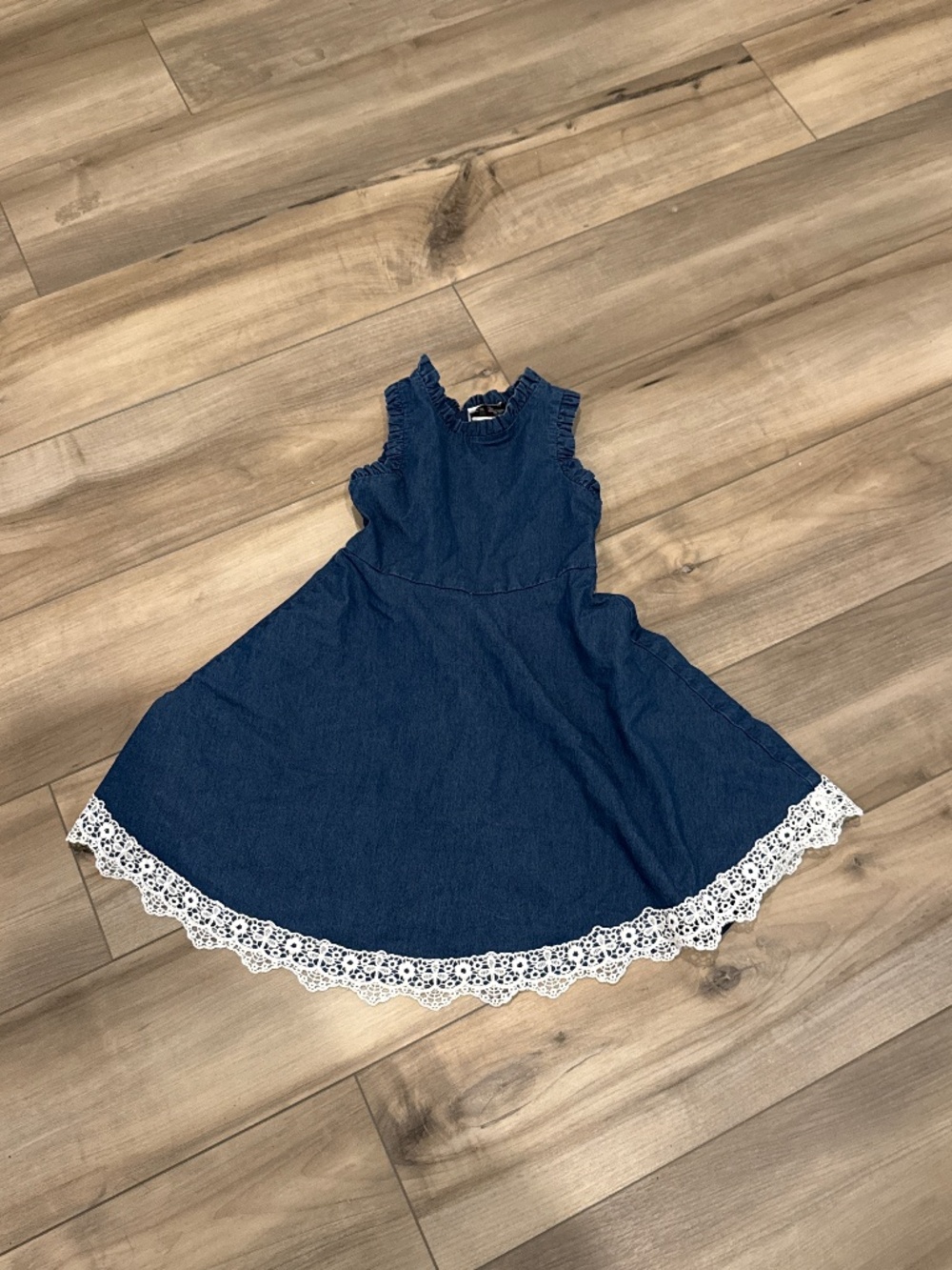 Rare Editions Navy Blue Dress with White Lace Trim